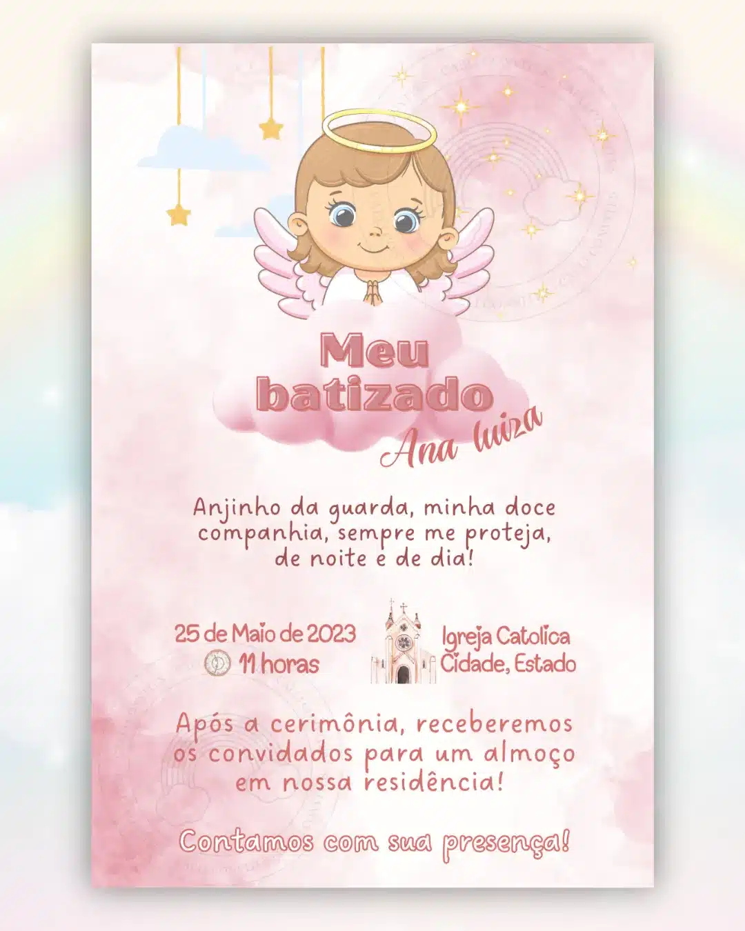 Convite Virtual Batizado Anjinho Na Nuvem Rosa Caeli Convites