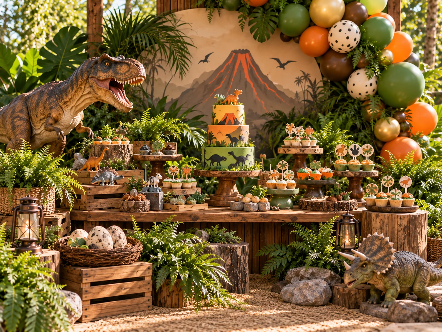 Mesa de doces de dinossauro: bolo com vulcão e silhuetas de dinos, cupcakes verdes, dinos de brinquedo e folhagens