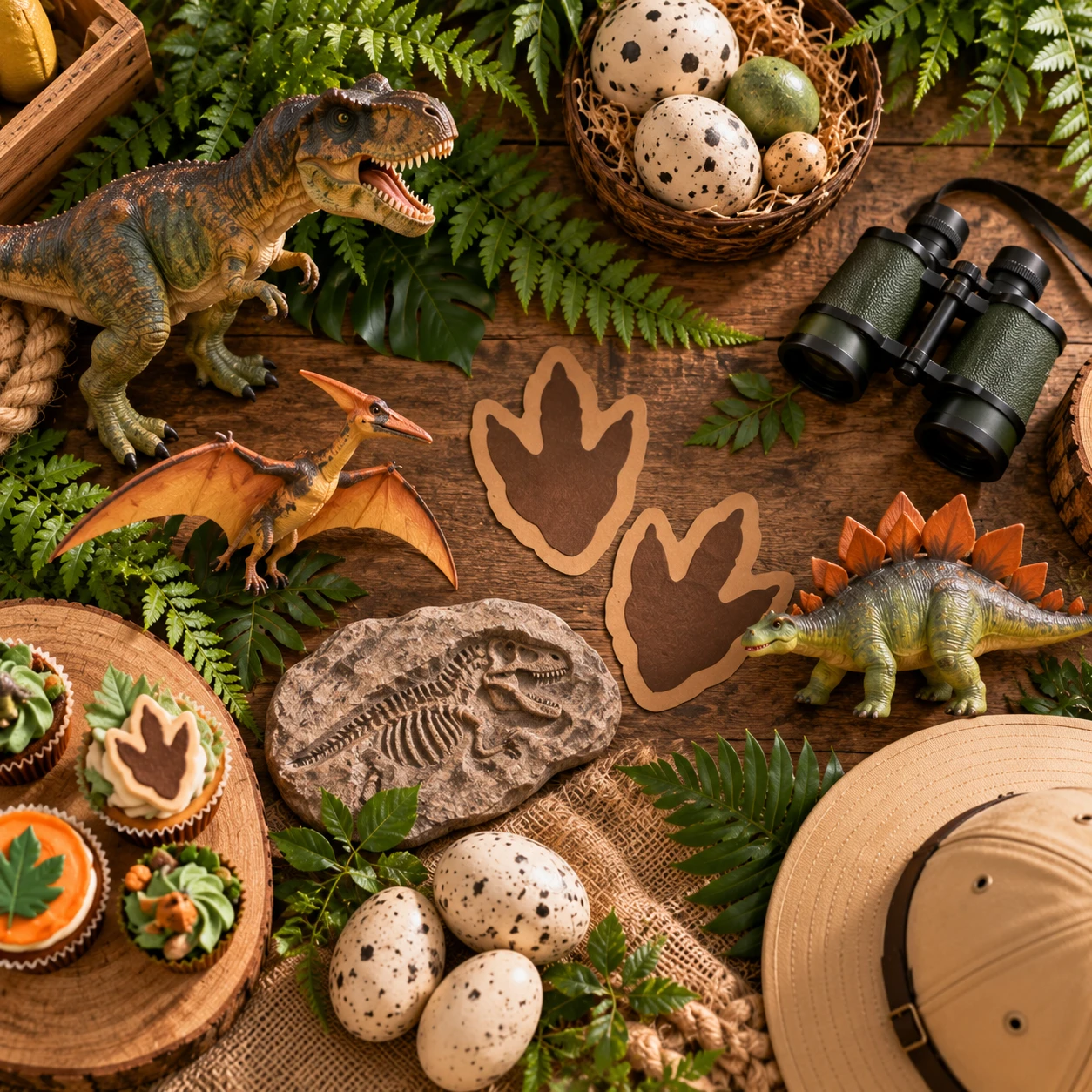 Detalhes da festa dinossauro: dinos de brinquedo, pegadas de papel, fóssil, ovos, binóculos e samambaias sobre madeira