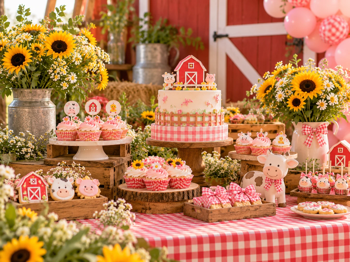 Mesa de doces da fazendinha menina: bolo com xadrez rosa e celeirinho, cupcakes rosa, girassóis e vaquinha de laço