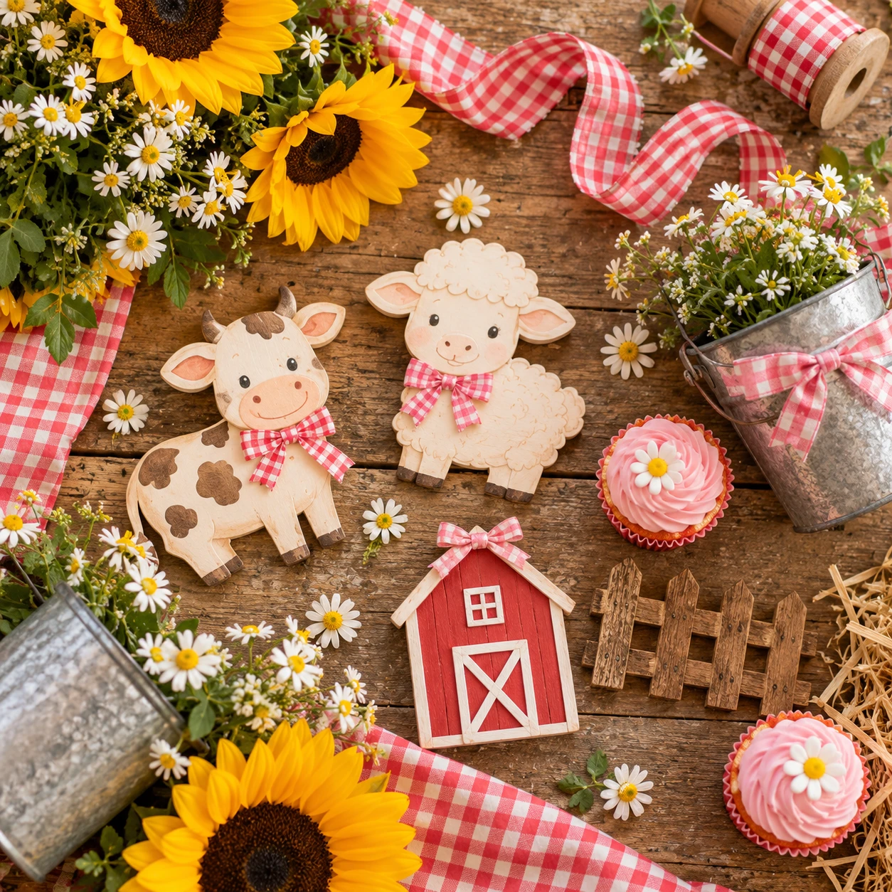 Detalhes da fazendinha menina: bichinhos de madeira com laço xadrez, girassóis, margaridas, celeirinho e cupcakes