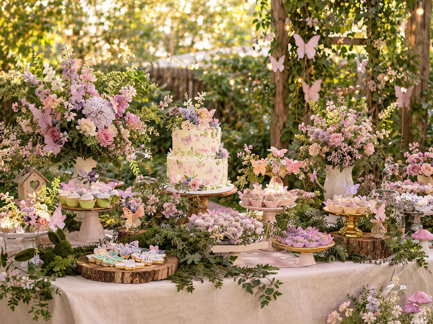 Mesa de doces do jardim encantado: bolo floral com borboletas, cupcakes pastel, arranjos de flores e cogumelos