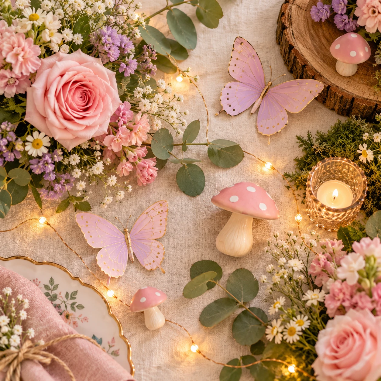 Detalhes do jardim encantado: borboletas, cogumelos rosa, rosas, luzinhas douradas e eucalipto sobre toalha clara