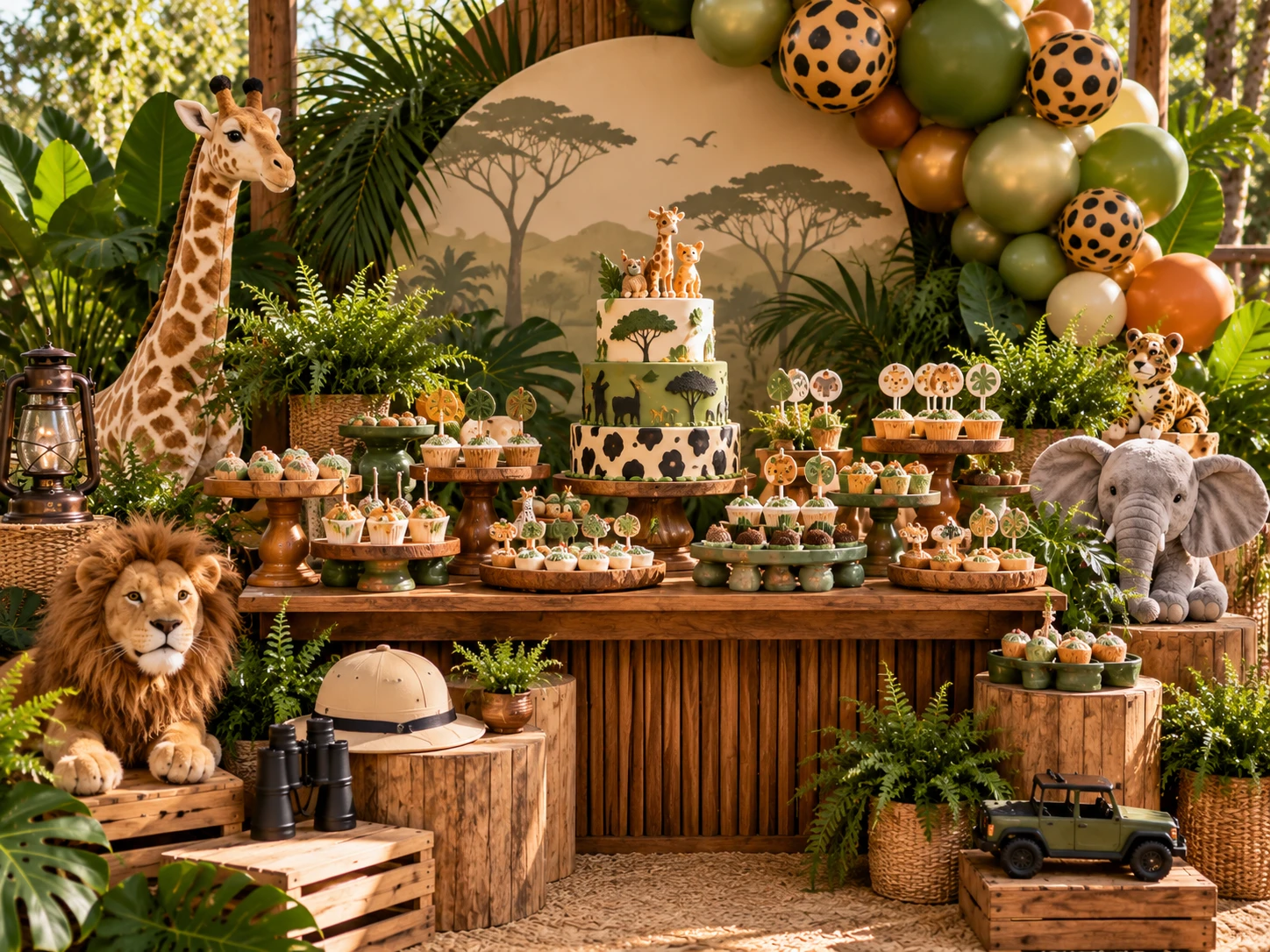 Mesa de doces do safári: bolo com silhuetas de animais, cupcakes verdes, bichos de pelúcia e folhagens tropicais