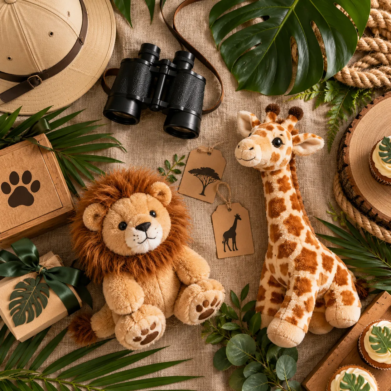 Detalhes do safári: leão e girafa de pelúcia, chapéu de explorador, binóculos, tags kraft e folhagens sobre juta