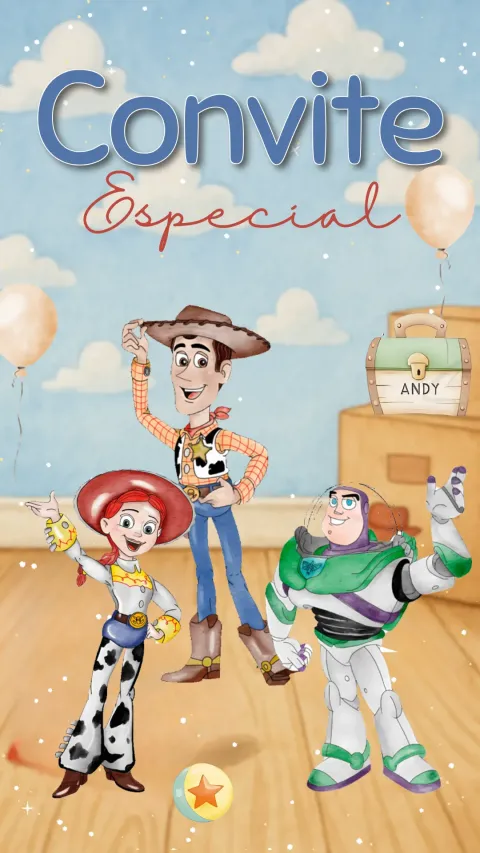 Convite de aniversário infantil Toy Story animado com envelope e confirmação de presença