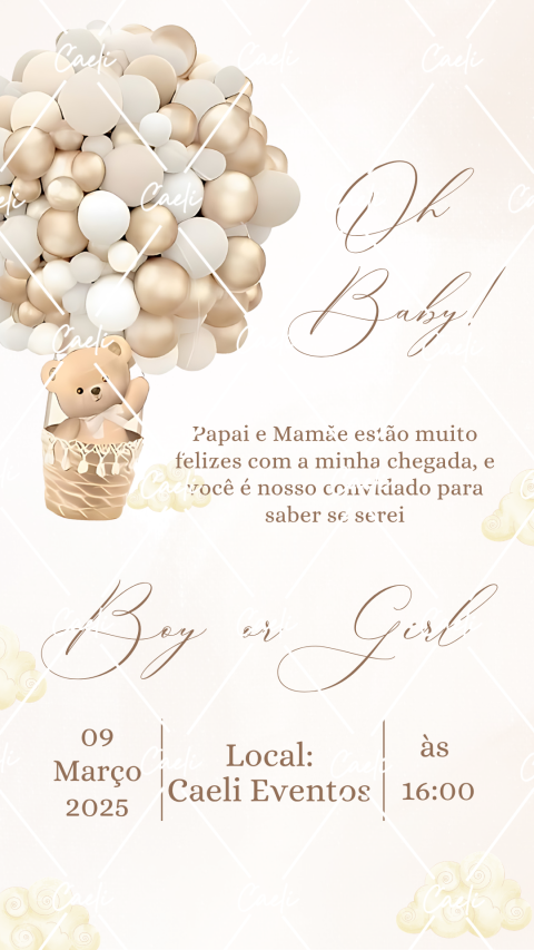 Convite de chá revelação neutro com envelope e confirmação de presença