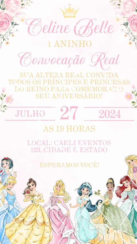 Convite de aniversário infantil Princesas da Disney Aquarela com envelope e confirmação de presença