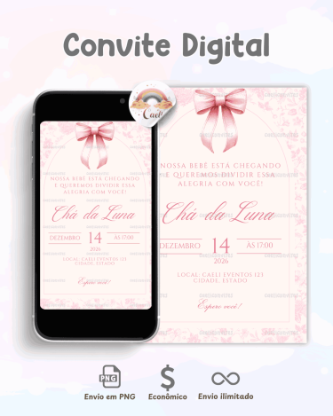 Convite Chá de Bebê Laço Rosa