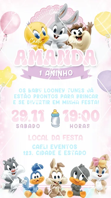 Convite Digital Baby Looney Tunes Menina