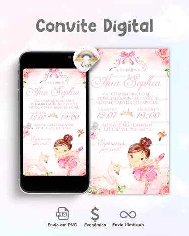Convite Digital Bailarina Rosa 1