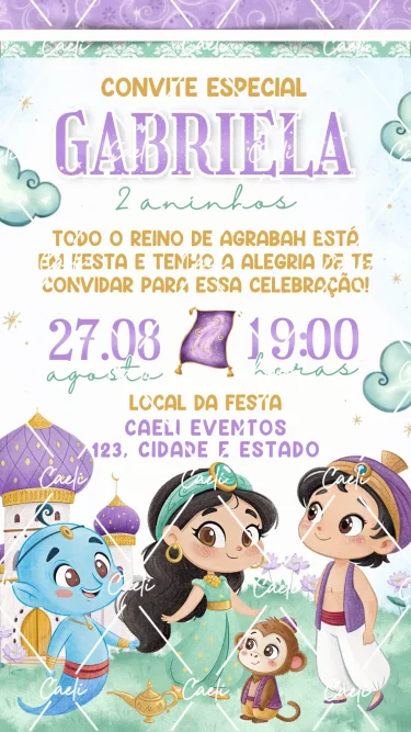 Convite Digital Aladdin e Jasmine Cute