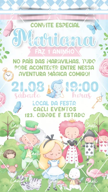 Convite Digital Alice no País das Maravilhas Cute