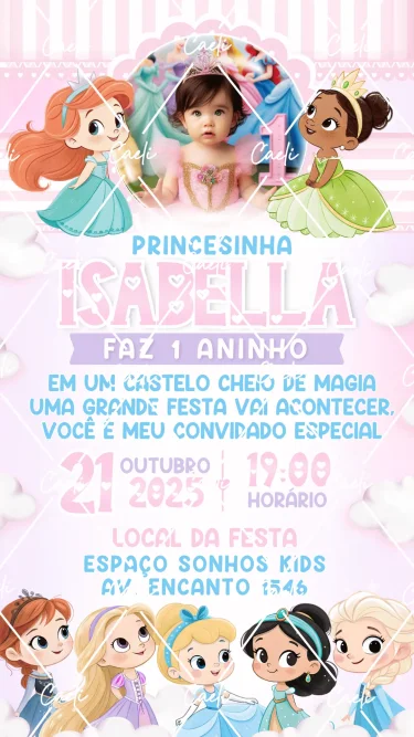 Convite Digital Princesas da Disney Cute 3