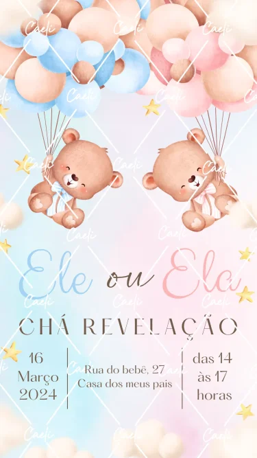 Convite Chá Revelação Azul e Rosa Ursinhos