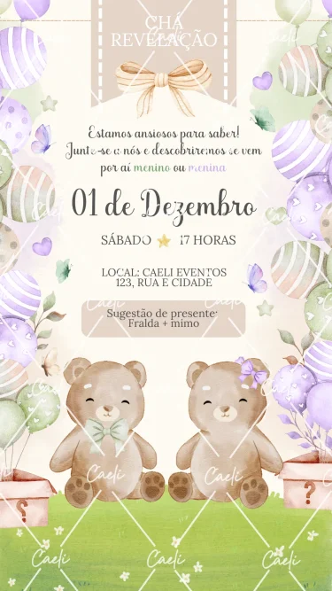 Convite Chá Revelação Verde e Lilás 2