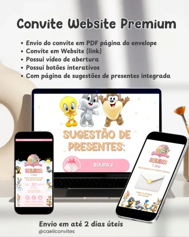 Convite Baby Looney Tunes Menina Animado Premium