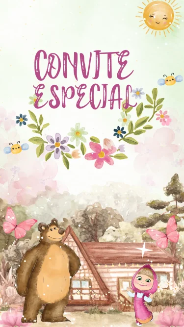 Convite Animado Masha e o Urso Aquarela