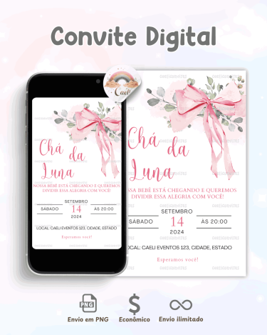 Convite Chá de Bebê Laço Rosa Minimalista
