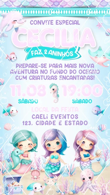 Convite Digital Sereias Fundo do Mar Cute