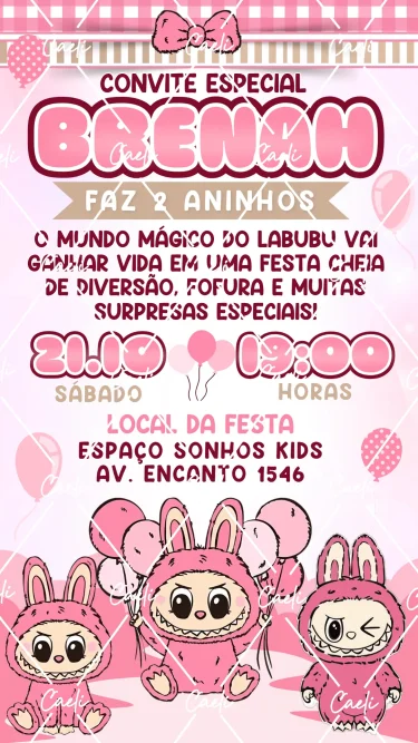 Convite Digital Labubu Rosa