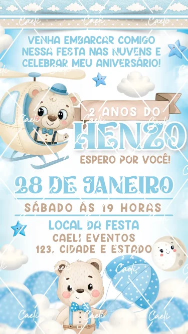 Convite Digital Ursinho Aviador Cute