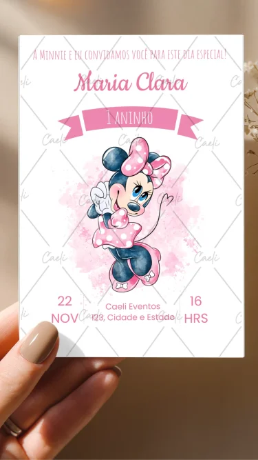 Convite Minnie Rosa Aquarela