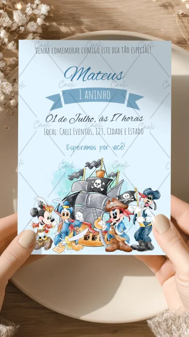 Convite Mickey Pirata Aquarela