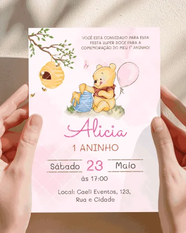 Convite Ursinho Pooh Rosa 2 editável