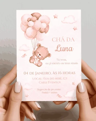 Convite Chá de Bebê Ursinha Rosa editável
