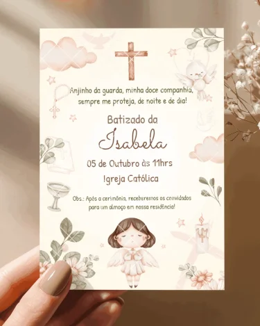 Convite Batizado Menina Bege editável