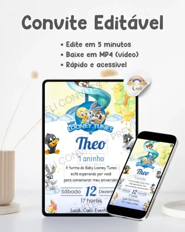 Convite Baby Looney Tunes Azul editável