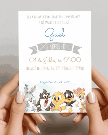 Convite Baby Looney Tunes Aquarelado editável