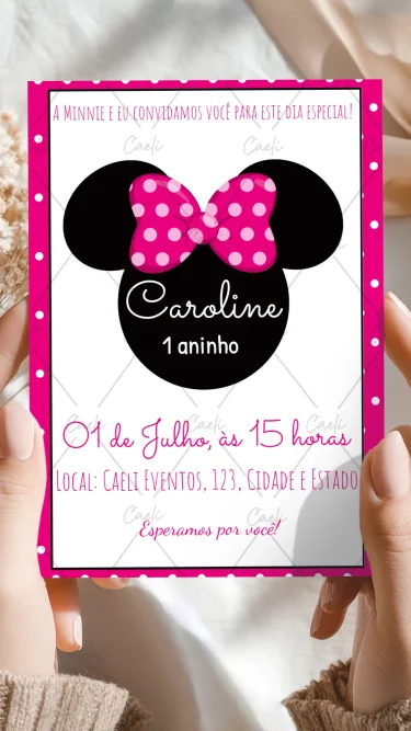 Convite Minnie Rosa Minimalista