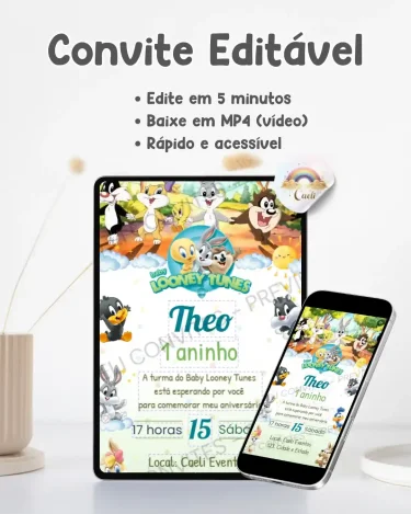 Convite Animado Baby Looney Tunes Verde editável