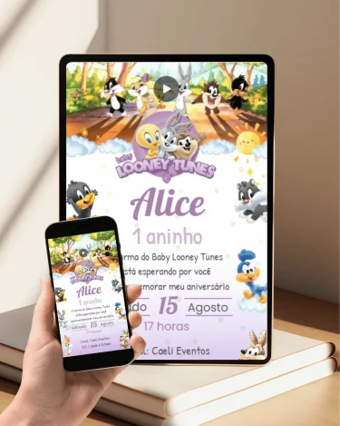 Convite Animado Baby Looney Tunes Lilás