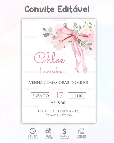 Convite Laços Rosa 5 editável online