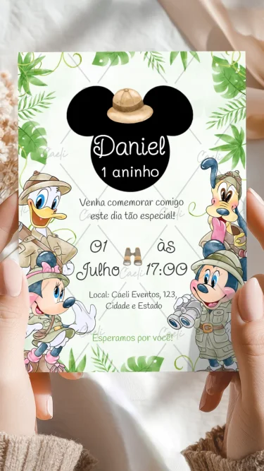 Convite Mickey Safari Aquarela