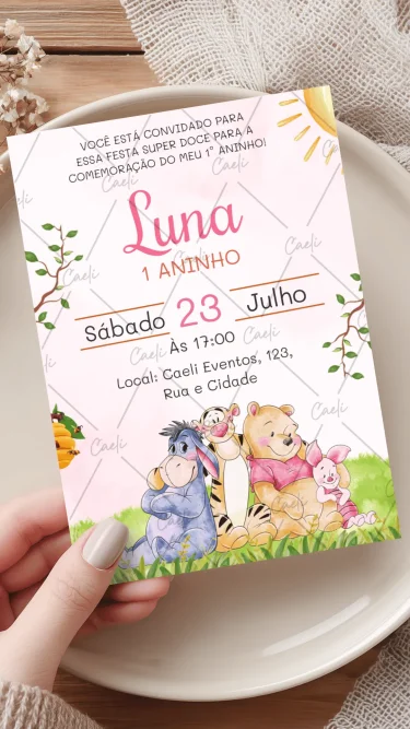Convite Ursinho Pooh Rosa 1