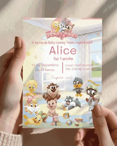 Convite Baby Looney Tunes Rosa editável