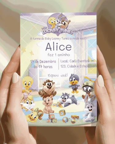 Convite Baby Looney Tunes Lilás editável