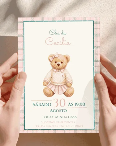 Convite Chá de Bebê Ursinha Rosa editável