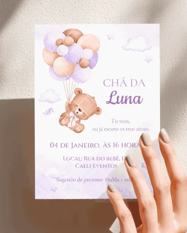 Convite Chá de Bebê Ursinha Lilás
