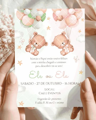 Chá revelação Verde e Rosa Ursinhos editável