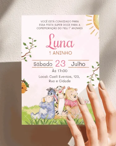 Convite Ursinho Pooh Rosa 1 editável