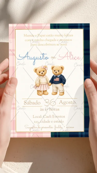 Convite Chá Revelação Ursinhos Vintage