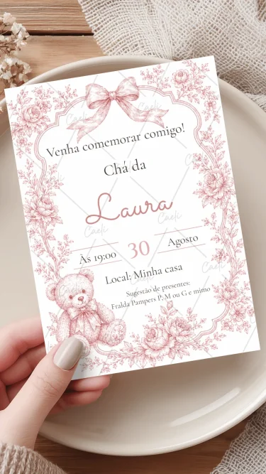 Convite Chá Toile de Jouy Rosa