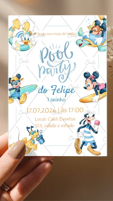 Convite Mickey Pool Party Aquarela
