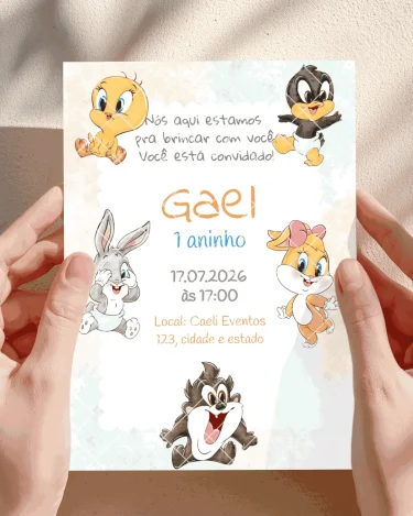 Convite Baby Looney Tunes Aquarela editável