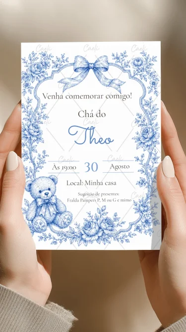 Convite Chá Toile de Jouy Azul